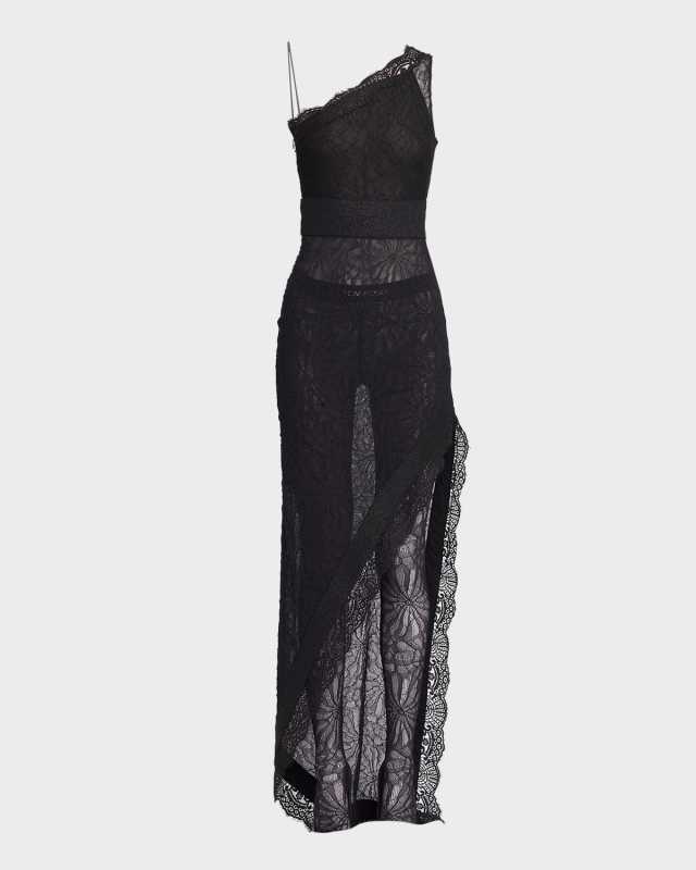 Intertwining Rose Chantilly Lace One-Shoulder Gown
